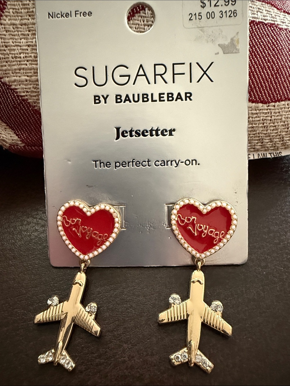 BaubleBar Red Heart 'Bon Voyage' Drop Earrings with Gold Airplane Charms NWT